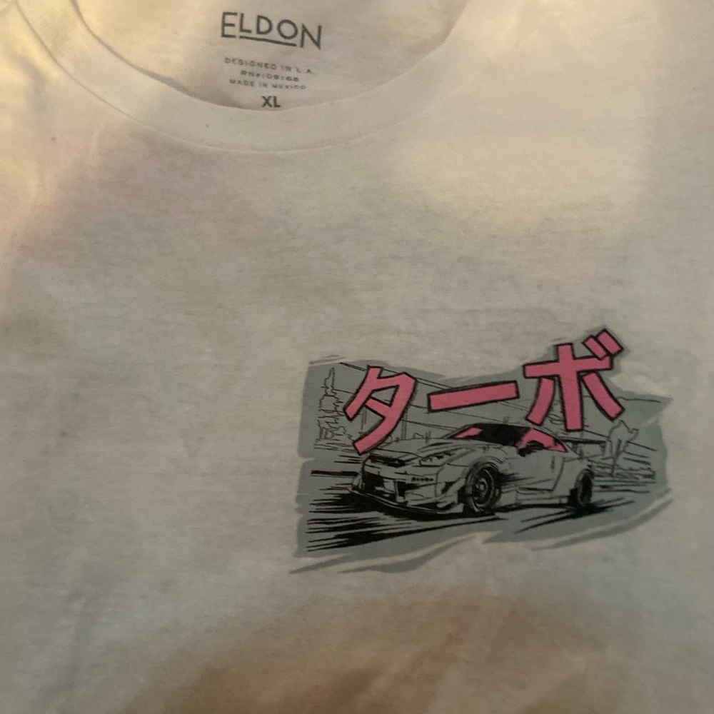 Eldon White Tee with Pink Japanese 'Turbo' and Gray Car Graphic